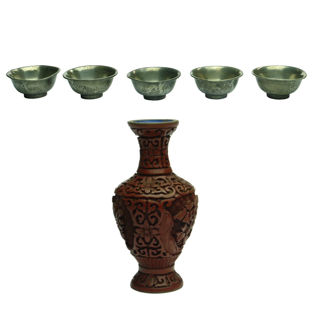 6 Items: Set of 5 Pewter cups. Patterns around sides. Chinese characters on bases. 6. Chinese Vase. Carved red finish outside. Blue porcelain like finish inside and on base.