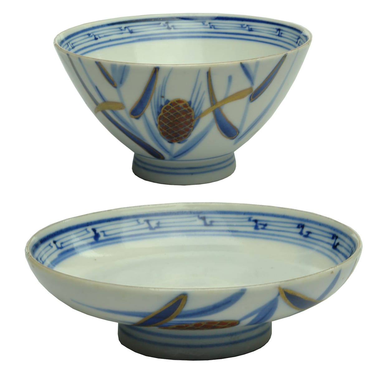 2 Items. Fine porcelain Chinese bowl & dish. Blue, Red & Gold decoration. Butterfly & Wheat.