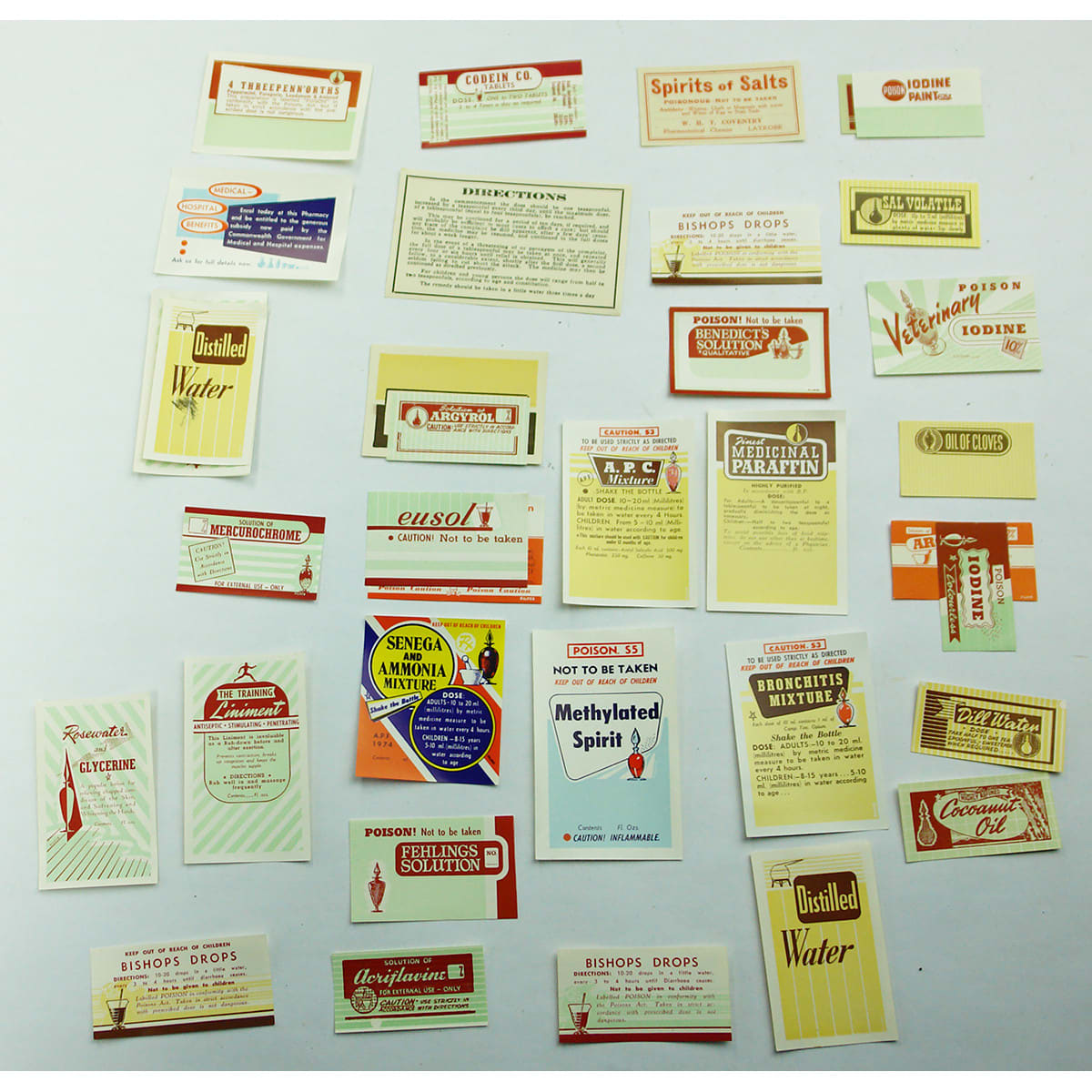 Ephemera. 35 pharmacy labels, mostly generic products but one is from W. H. T. Coventry, Latrobe. (Tasmania)