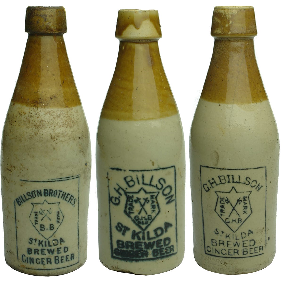 Ginger Beers. Billson Brothers, St Kilda; G. H. Billson, St Kilda, Bendigo Pottery; G. H. Billson, St Kilda, Pinnacle Brand. (Victoria)