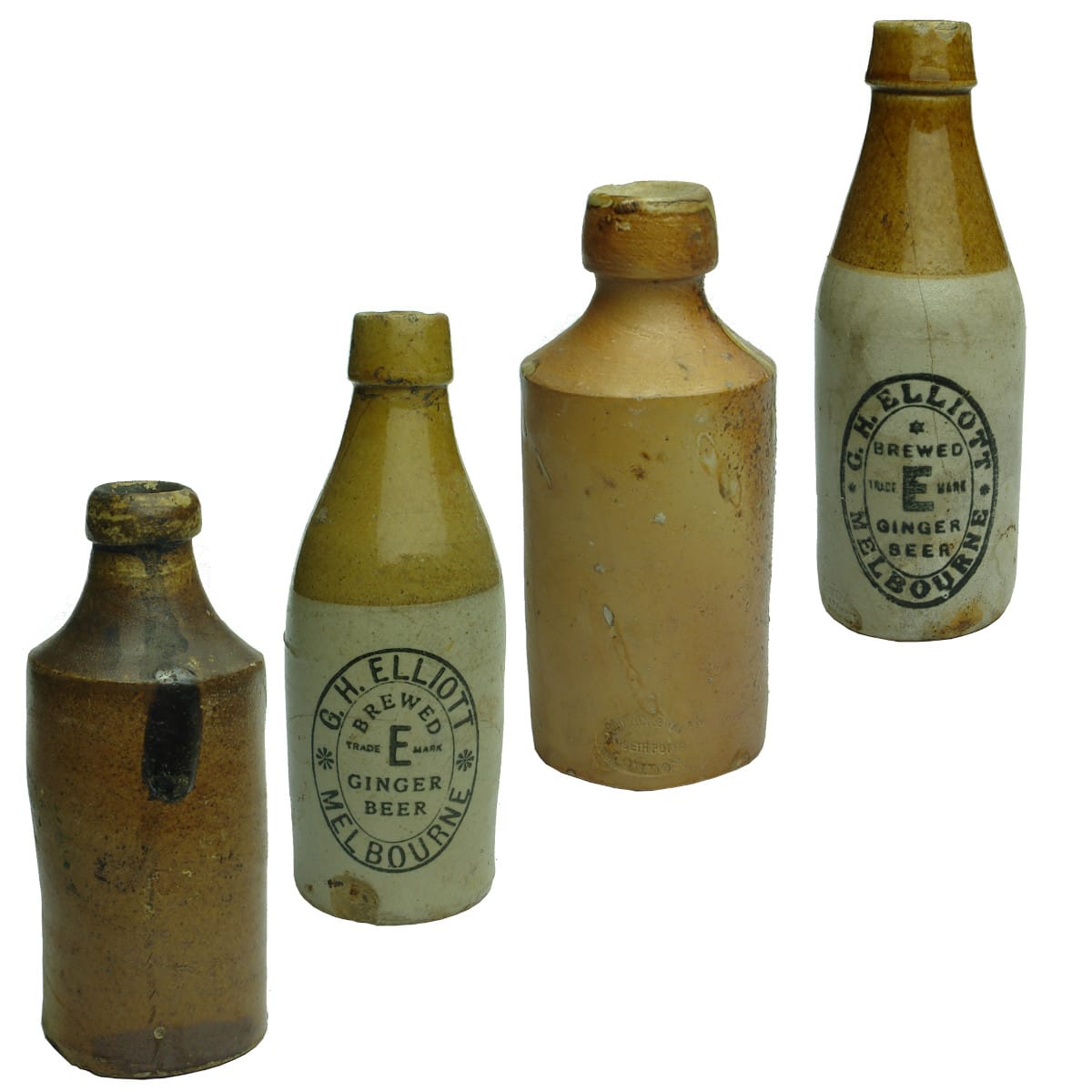 Ginger Beers. Plain dump salt glaze ginger beer; G. H. Elliott, Melbourne, Taylor, London, Tan top; Doulton & Watts, Lambeth Pottery, London; G. H. Elliott, Melbourne, Bendigo Pottery, Tan top.