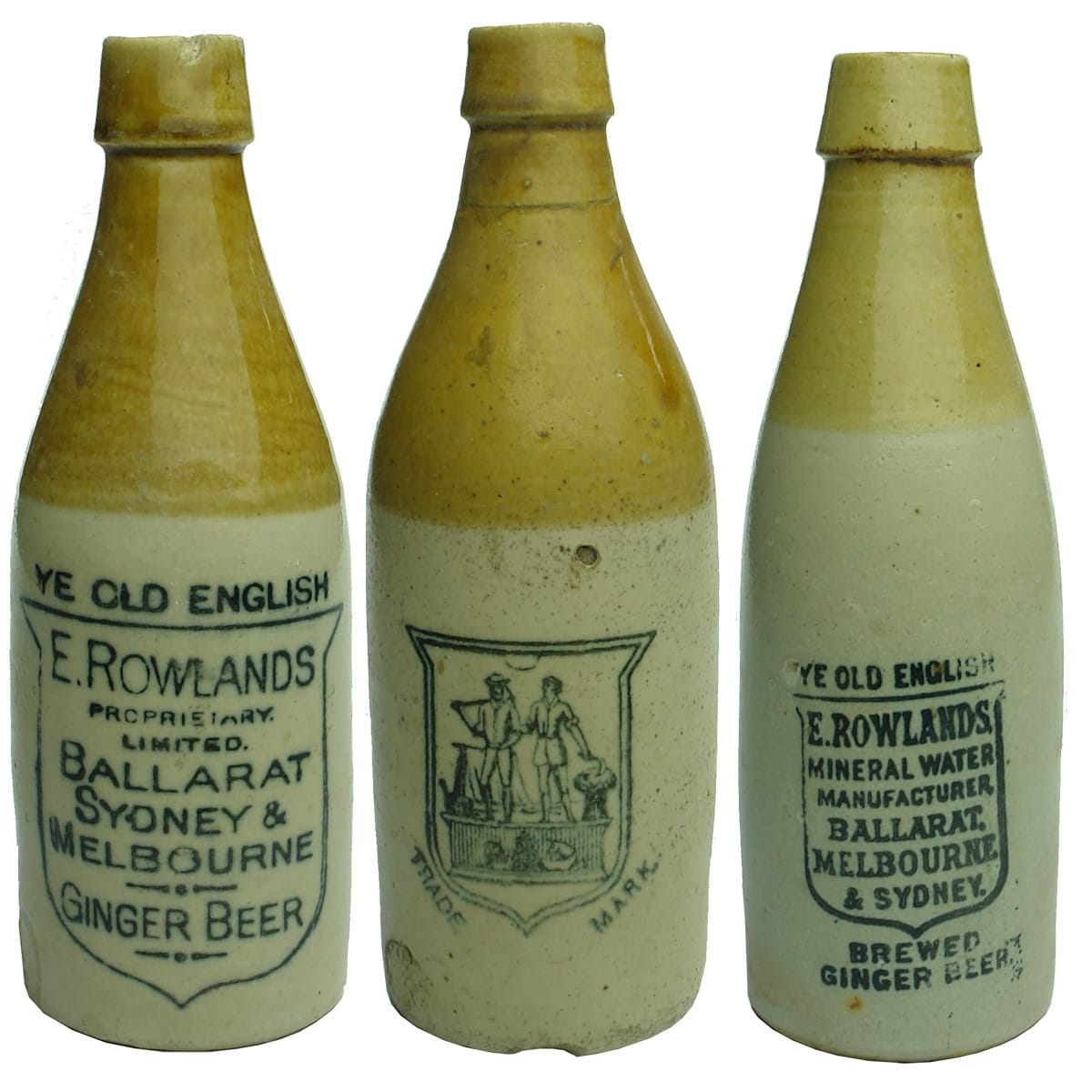 Ginger Beers. E. Rowlands, Ballarat, Sydney & Melbourne, Bendigo Pottery. E. Rowlands, Ballarat, Melbourne & Sydney, Farmer and Miner, Price, Bristol; E. Rowlands, Ballarat, Melbourne & Sydney, No Potters Stamp. (Victoria, New South Wales)