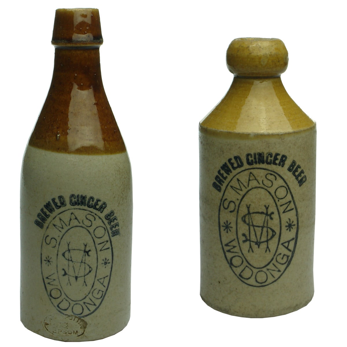 2 Ginger Beers. S. Mason, Wodonga. Champagne & Dump types. Bendigo Pottery. (Victoria)