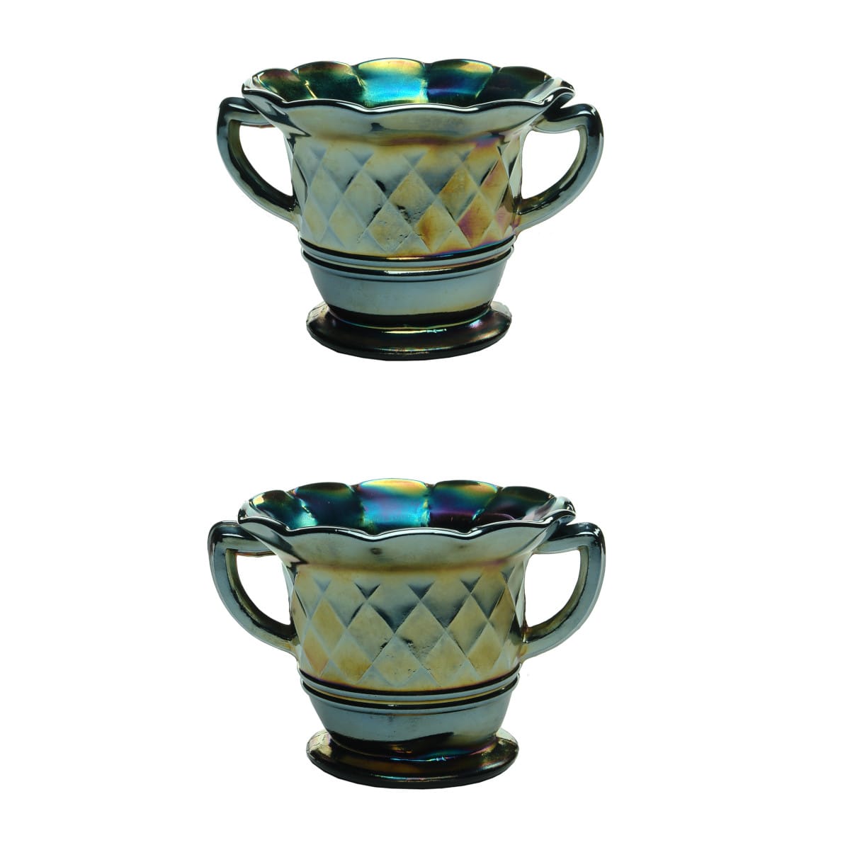 Pair of dark double handled carnival glass bowls.