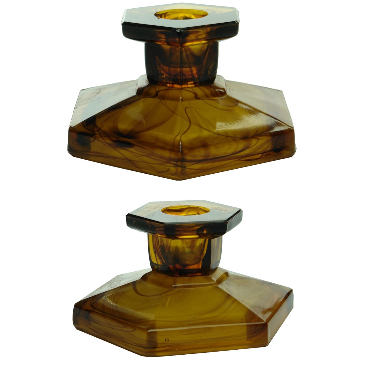 Pair of Amber Cloud glass hexagonal candlesticks. Davidson Glass.