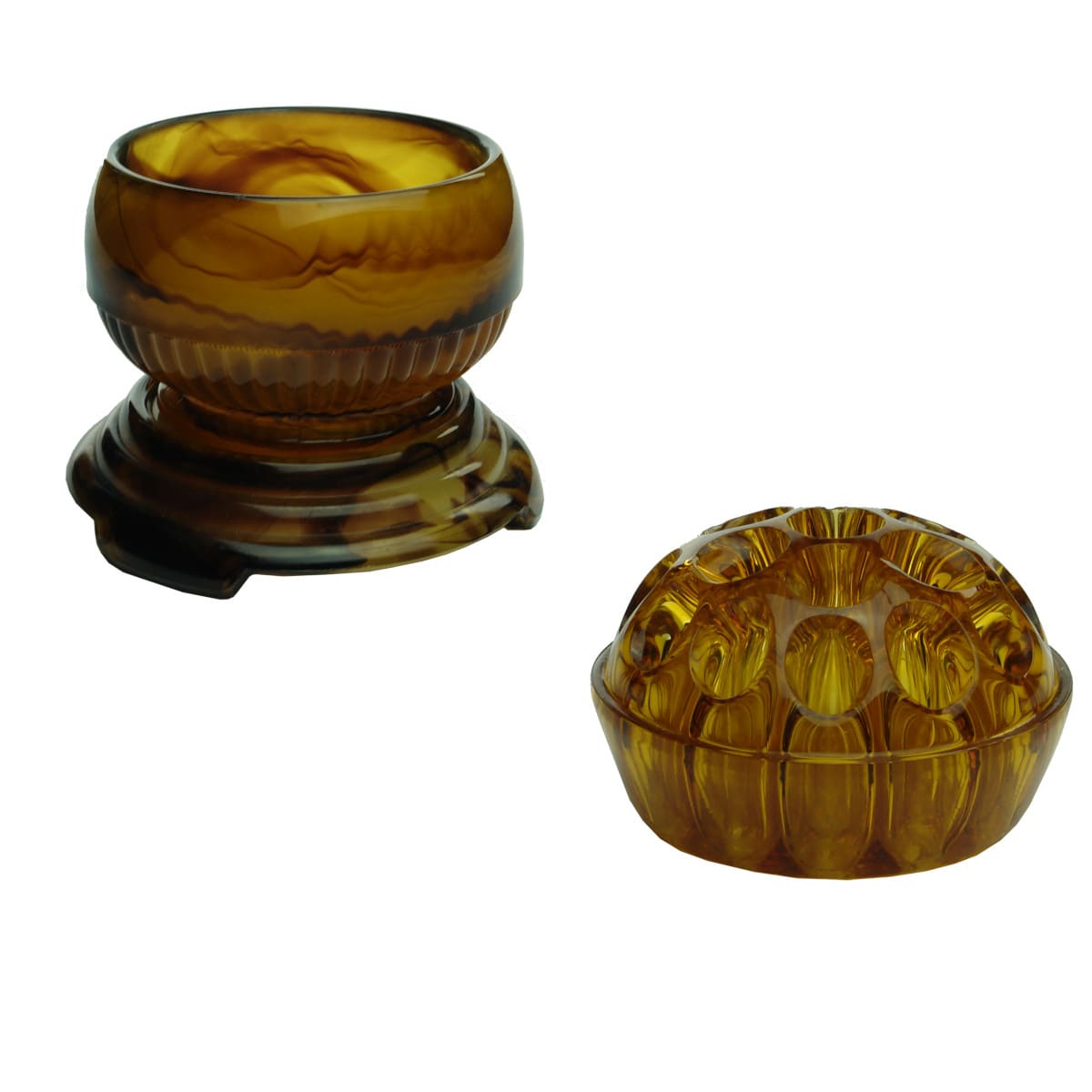 Three piece Amber Cloud Glass set. Plinth, squat round vase and 4" Flower block.