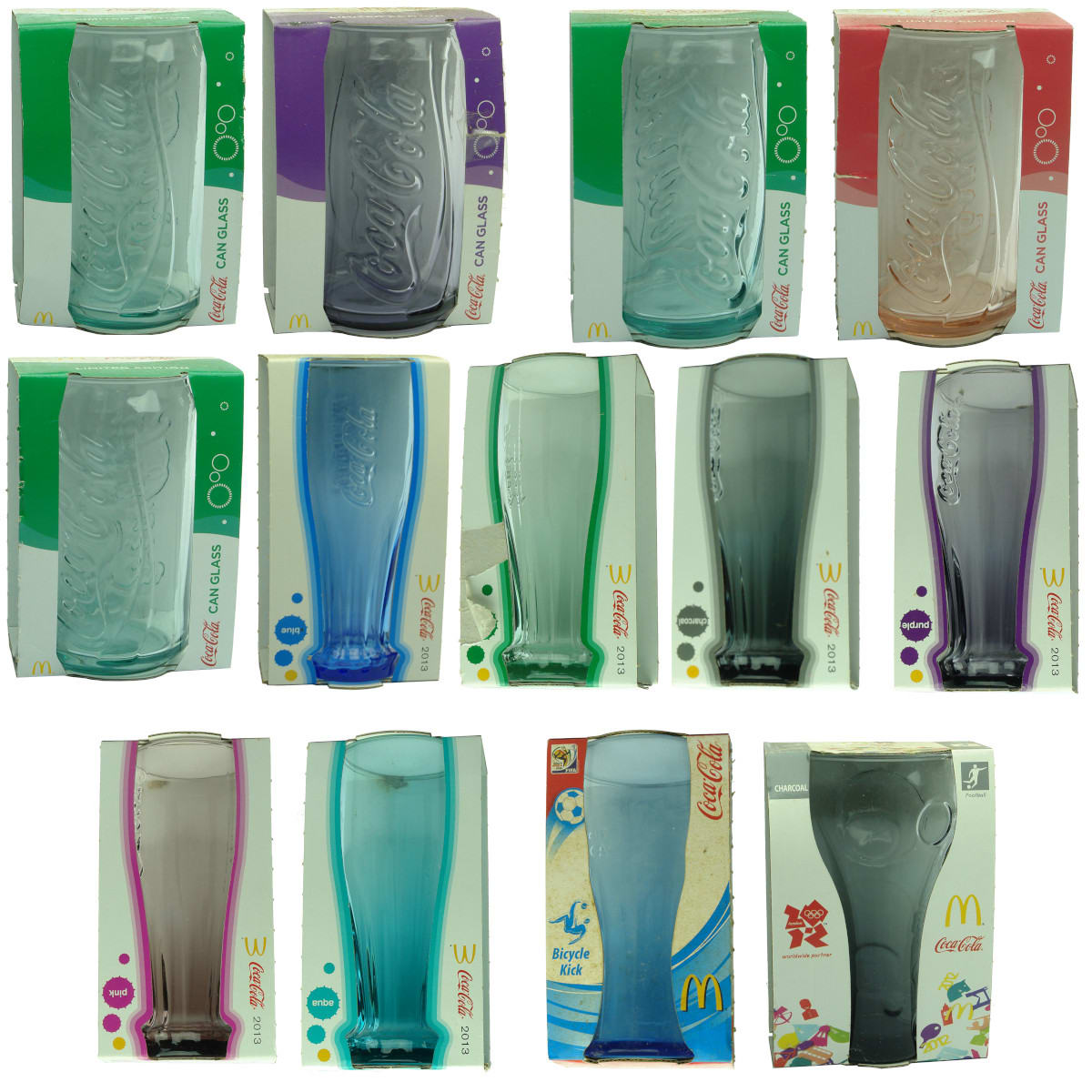 13 Coca Cola glasses in original packaging. 5 x Can shape (2017); 6 x Contour bottle shape (2013); FIFA South Africa 2010; London Olympics 2012.