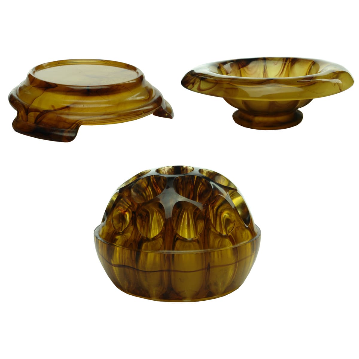 Three piece Cloud glass flower set. Plinth, wide bowl and flower block. Amber. Davidson Glass.