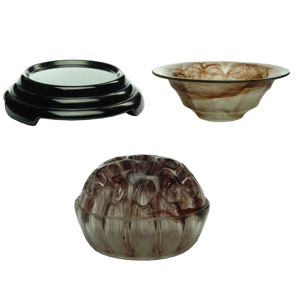 Three piece Cloud glass flower set. Plinth, wide bowl and flower block. Amethyst & Black. Davidson Glass.