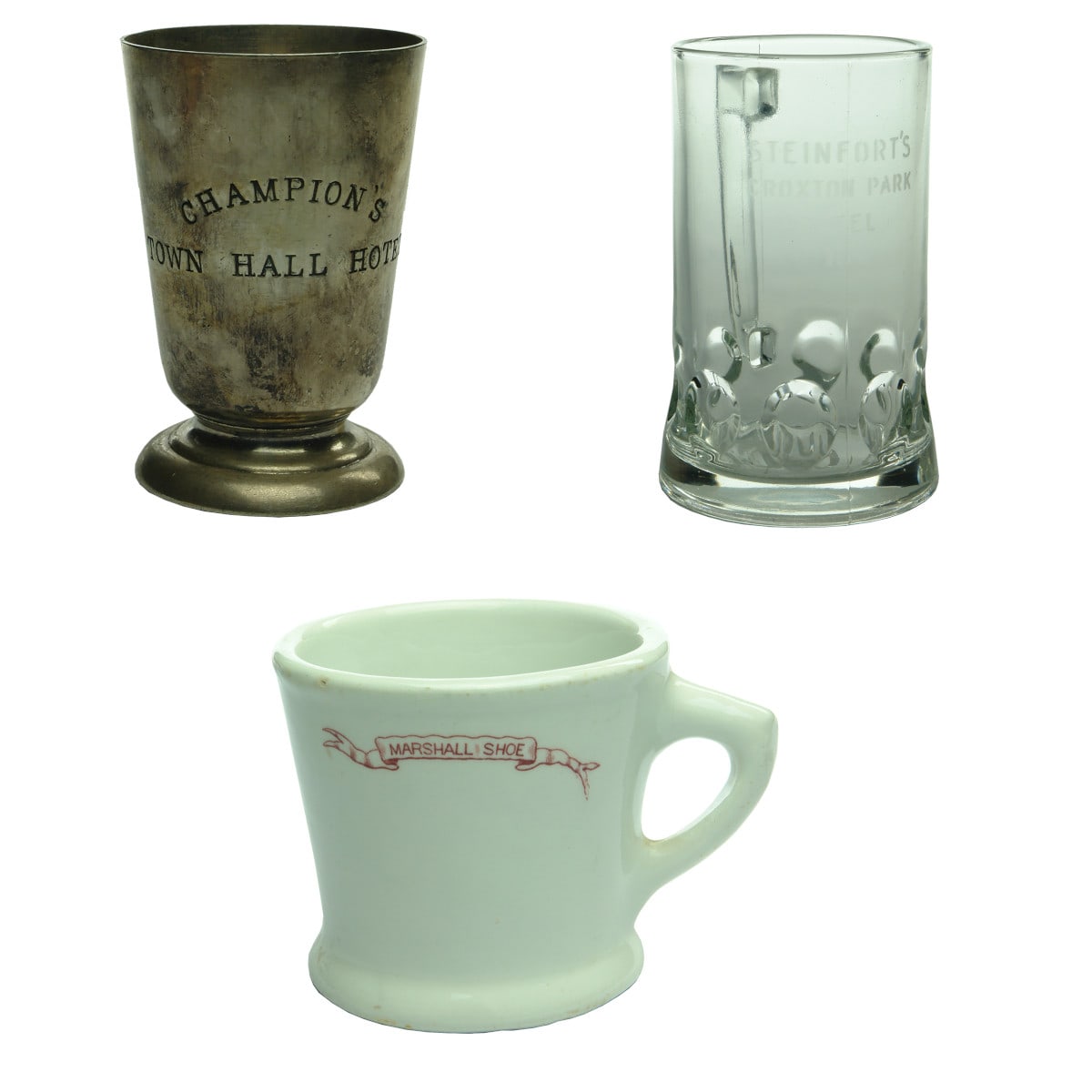 3 Mugs/Cups/Glasses: Champion's Town Hall Hotel Tankard; Steinfort's Croxton Park Hotel Mug; Marshall Shoes advertising cup. (Victoria)