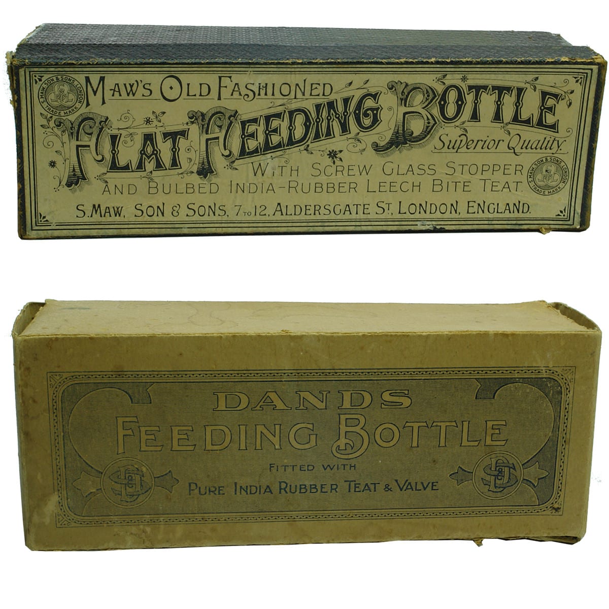 Baby Feeder. Maw's Old Fashioned Flat Feeding Bottle Box; Dands Feeding Bottle Box (Duerdin & Sainsbury, Melbourne).