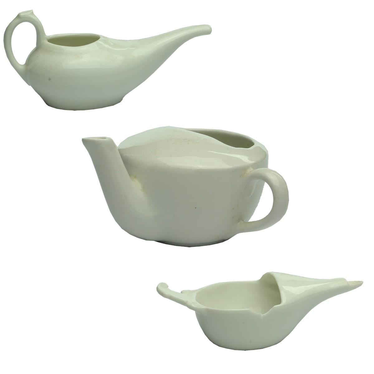 Invalid Feeders. Plain white with long spout and embossed floral design to top; Plain white wide bodied feeder with short upright spout, Made in England; Plain white with wedge shaped handle and flat spout.