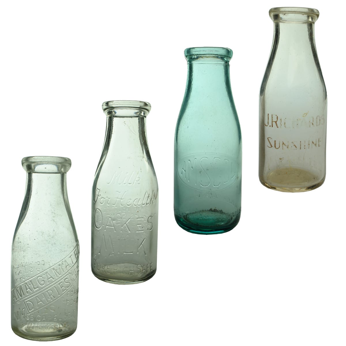 4 Pint Milk Bottles: Amalgamated Dairies, North Melbourne; Oakes, Richmond; Amscol; J. Richards, Sunshine. (Victoria & South Australia)