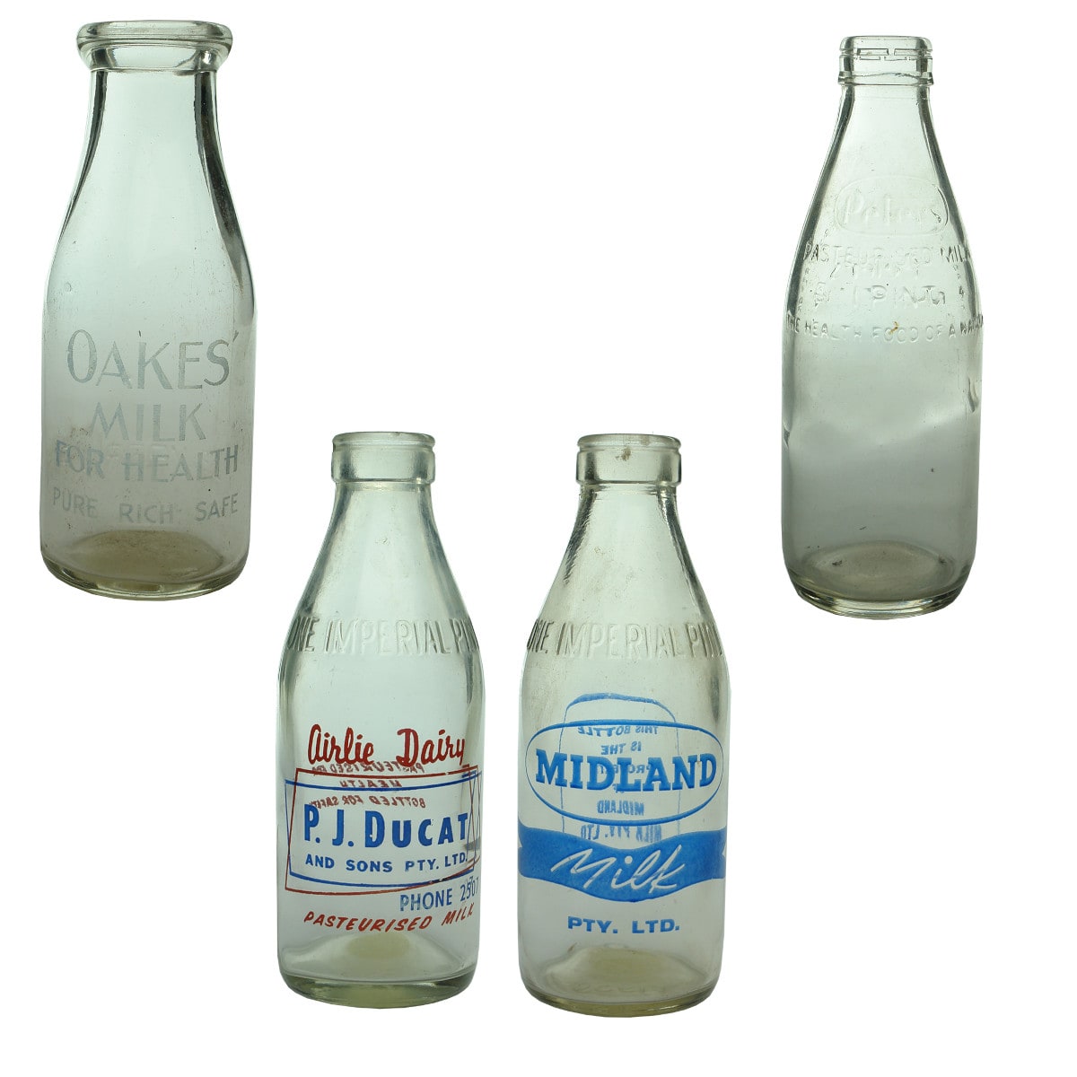 4 Milk Bottles: Oakes Milk; Ducat; Midland; Peters Milk.