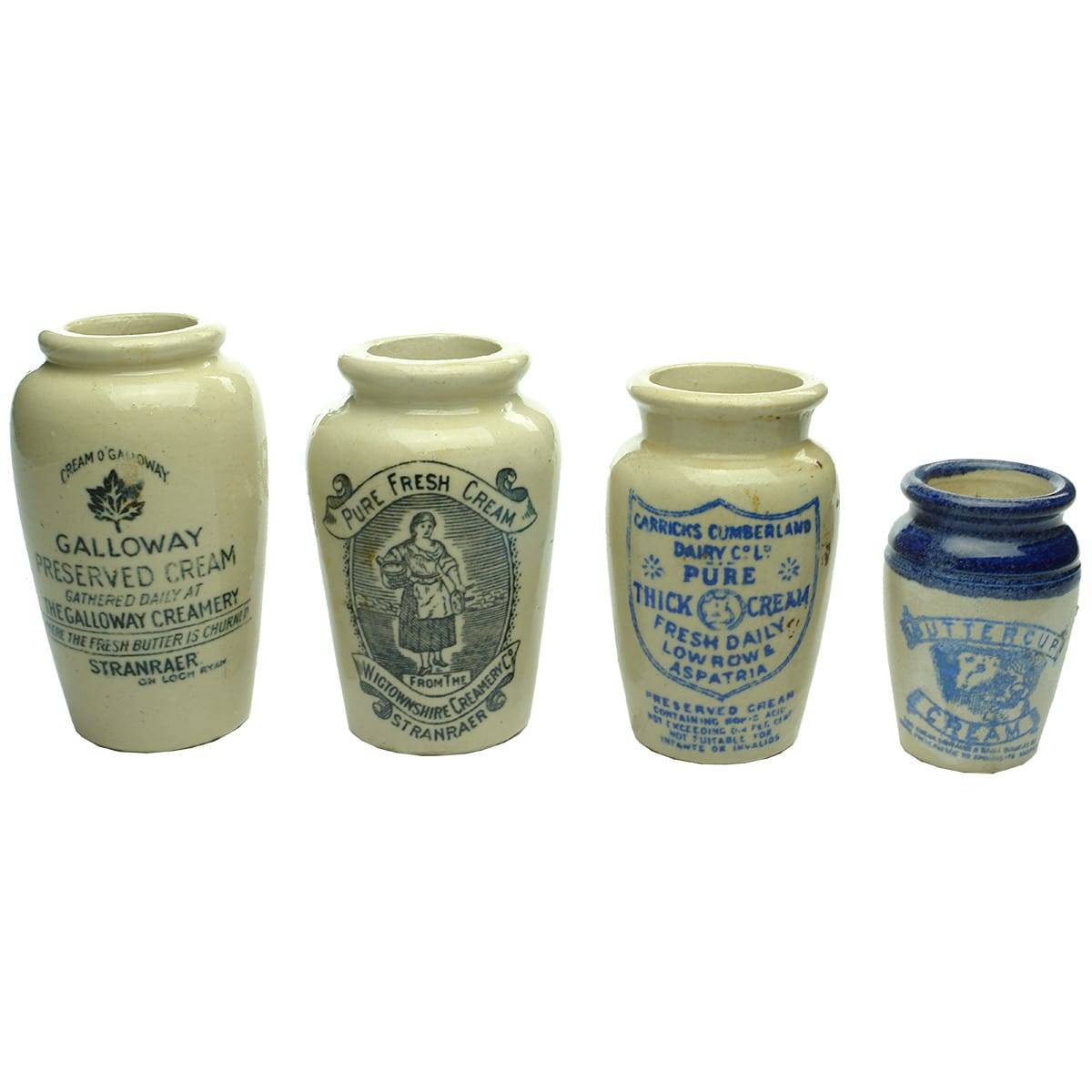 Cream. 4 x UK cream jars: Galloway Creamery, Stanraer; Wigtownshire Creamery Co, Stanraer; Carricks Cumberland Dairy Co Ld, Lowrow & Aspatria; Buttercup Cream.