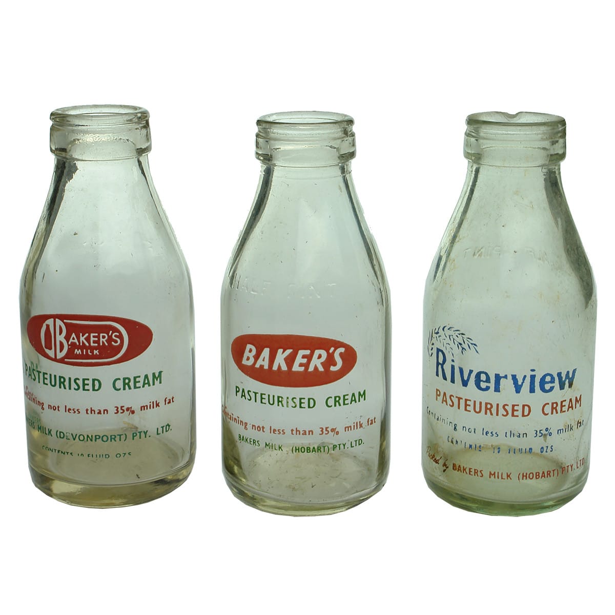 Milks. Three different half pint Baker's Ceramic Label Milk bottles from Hobart and Devonport. (Tasmania)