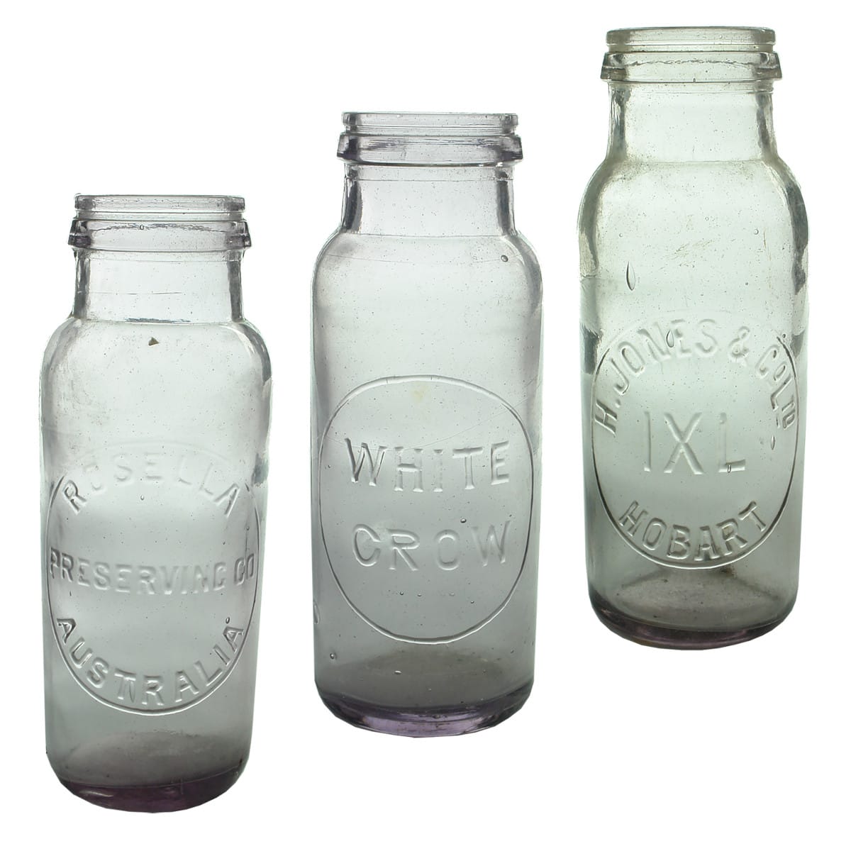 3 Jam/Preserves Jars. Fowlers type closures. Rosella Preserving Co; White Crow; H. Jones & Co Ltd IXL Hobart.