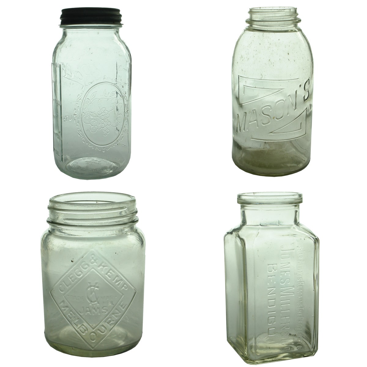 Jars. Ball Wide Mouth, Genuine Sculptured Glass; Mason's in Geometric Design; Clegg & Kemp Jams, Melbourne; Square Jones Miller & Co., Bendigo;