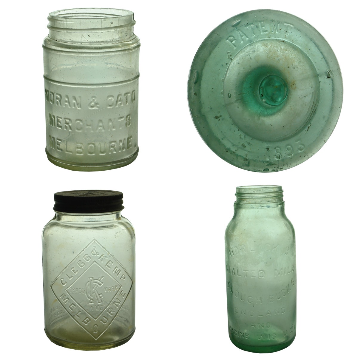 Jars. Moran & Cato, Melbourne; Immerser Lid, Patent 1893; Clegg & Kemp Jams, Melbourne, 2 Pound; Horlick's Malted Milk, aqua, 1 Pint.