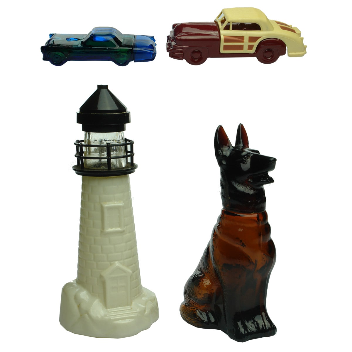 4 Figural Avon Bottles: Larger red car; small blue car; Lighthouse; Dog.