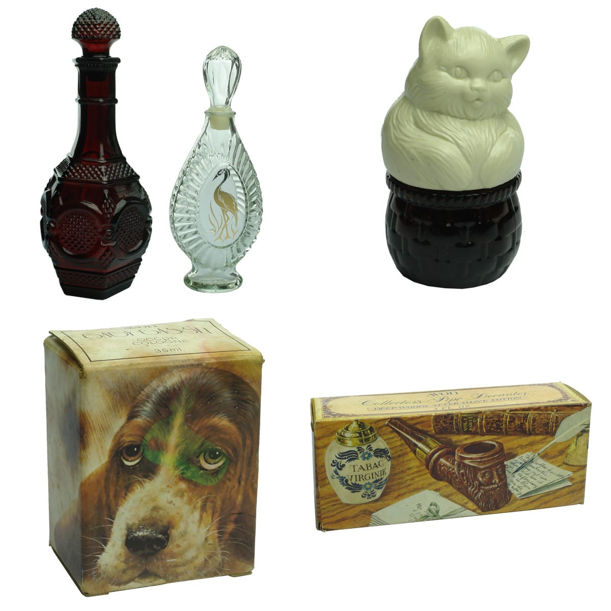 5 Figural Avon Bottles: Ruby Decanter; Fancy with Stork in gold; Cat on a basket; Baby basset (in box); Pipe (in box & contents).