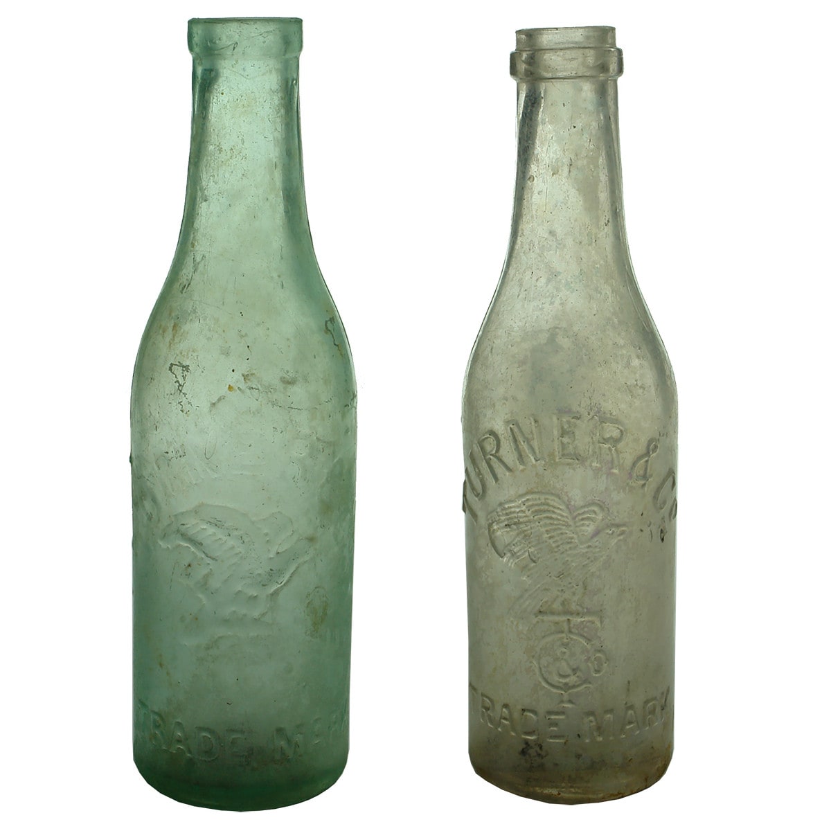 Sauces. Turner & Co., Melbourne. Flat top. Aqua. 13 oz.; Turner & Co., Melbourne. Ring seal. Clear. 13 oz. (Victoria)