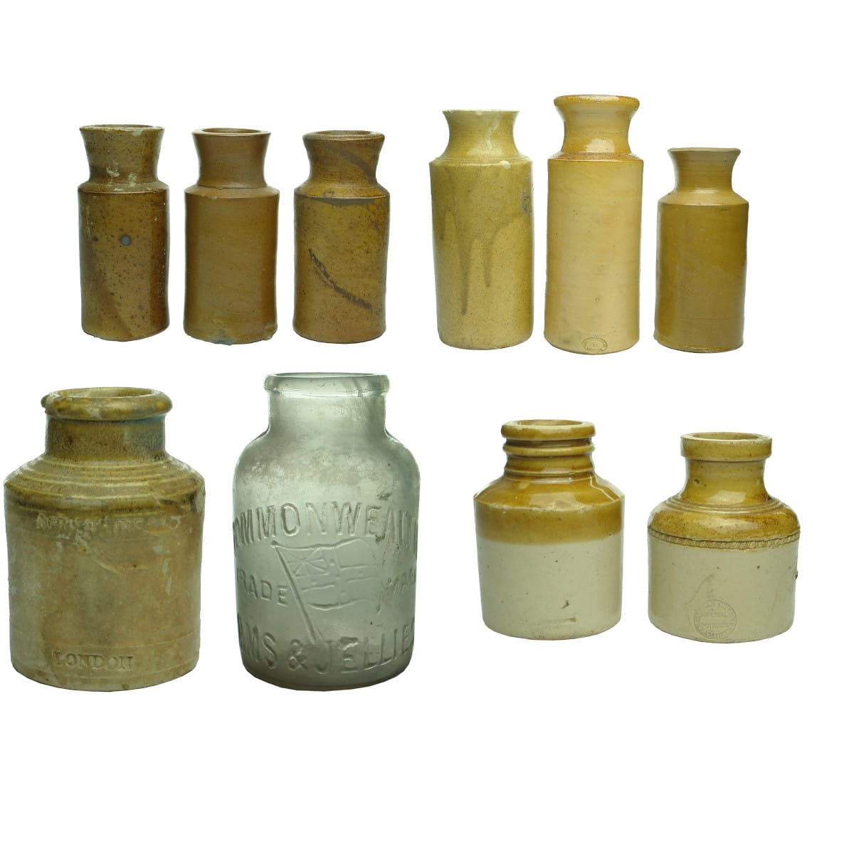 10 Jars and Stove Blacks: Plain; Doulton; Commonwealth; Doulton & Watts; Stephen Green.