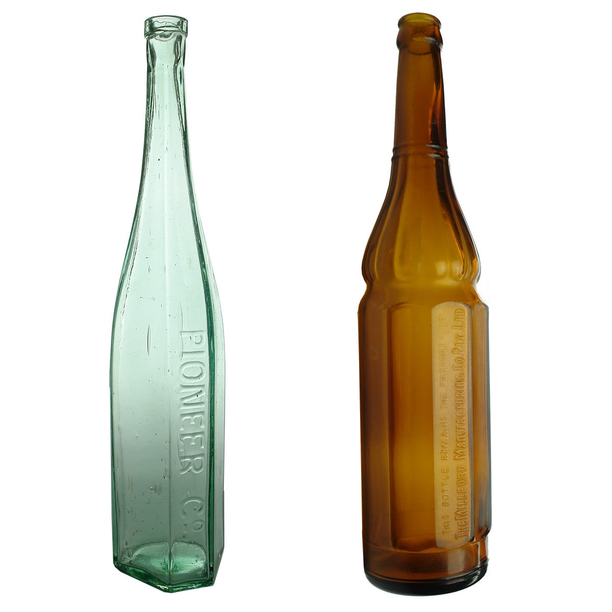 2 Vinegar Bottles: Pioneer Co; Milford Manufacturing Co. (Victoria & New South Wales)