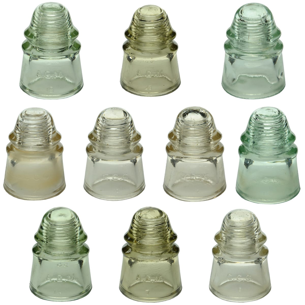 10 Insulators. All CD423. AGM, CCG & Unmarked. Aqua, Straw & Clear colours. (Australia)