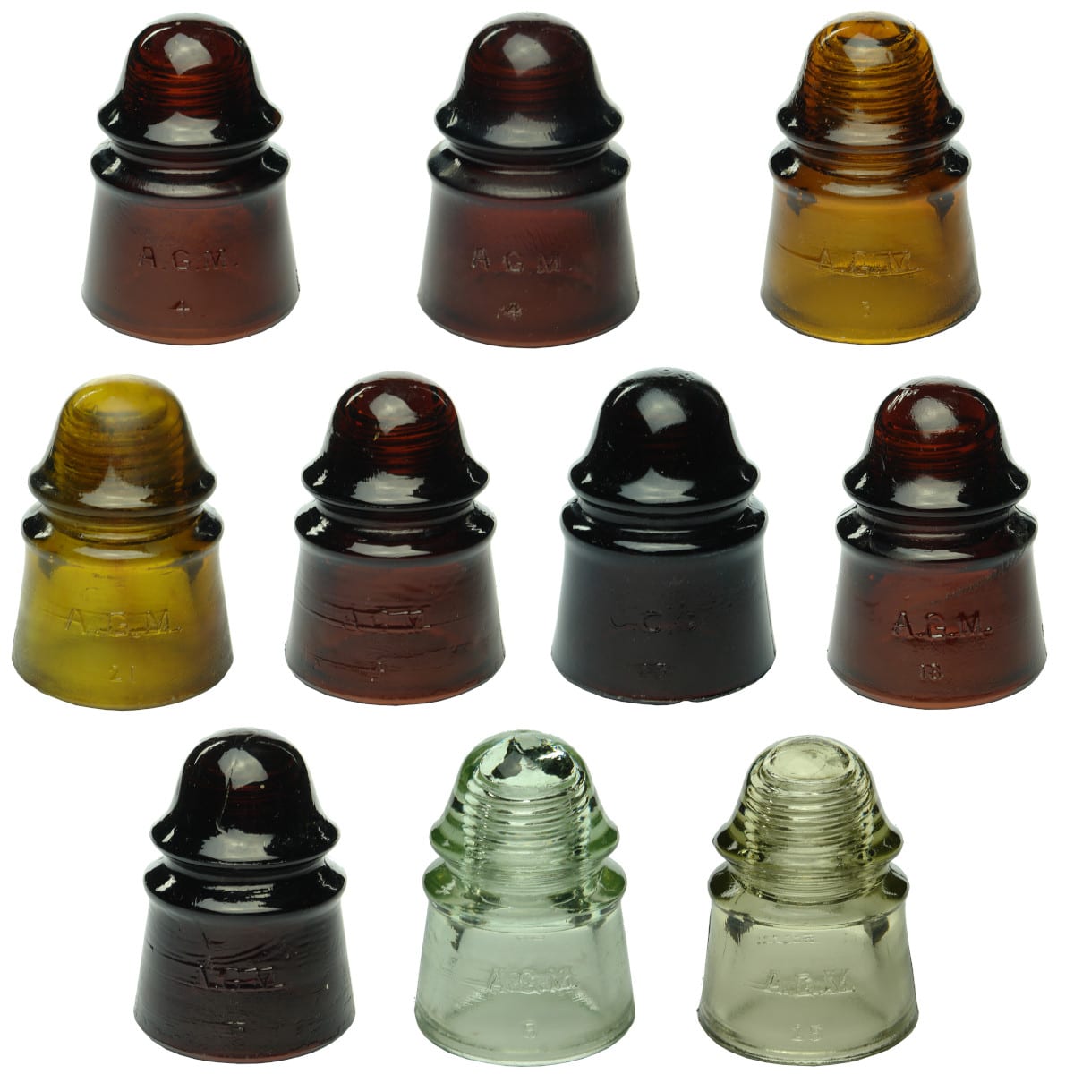 10 Insulators. All CD423. AGM (1 x CCG). Various shades of Amber, Aqua & Golden Straw coloured. (Australia)