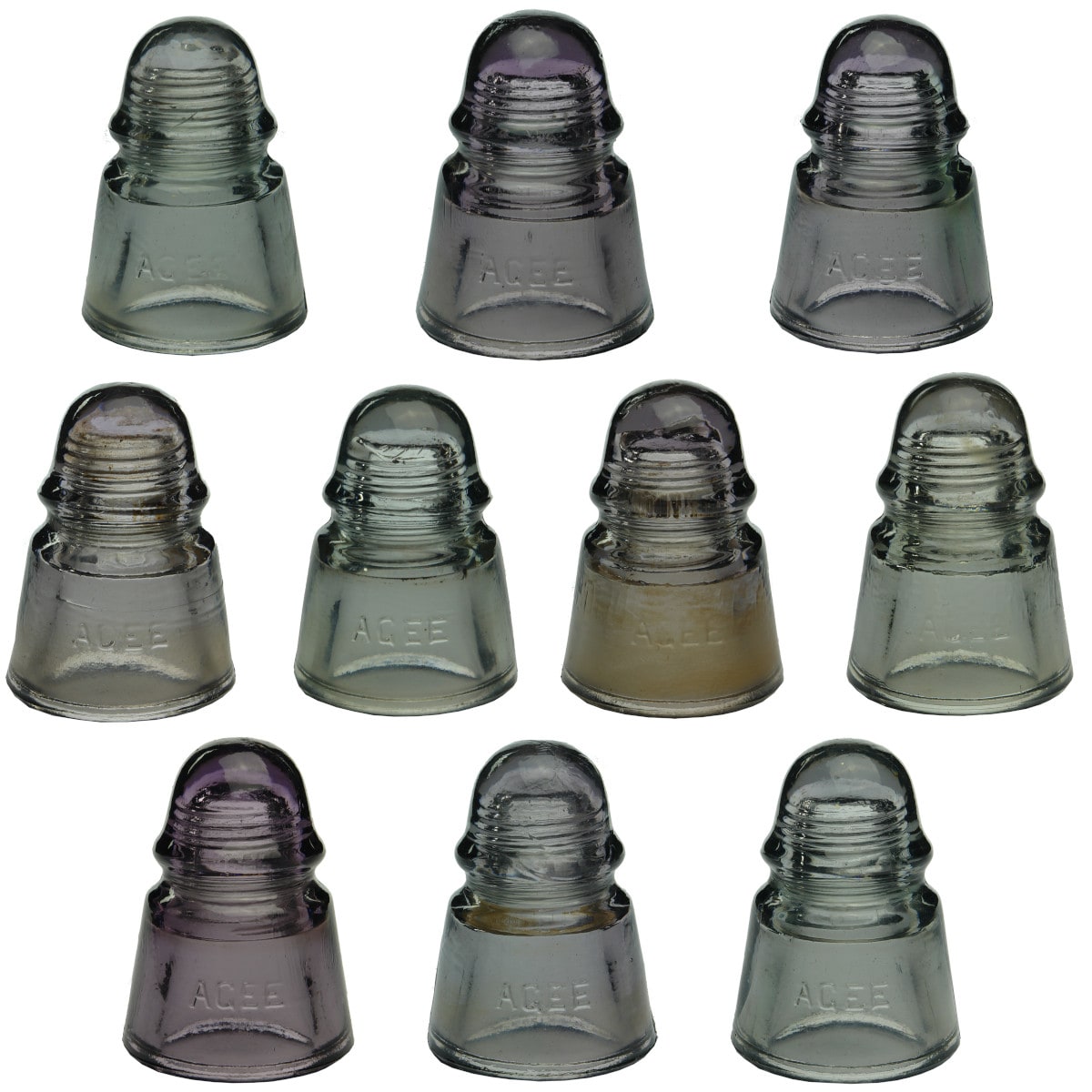 10 Insulators. All CD422. AGEE. Sun Coloured Amethyst; Grey. (Australia)