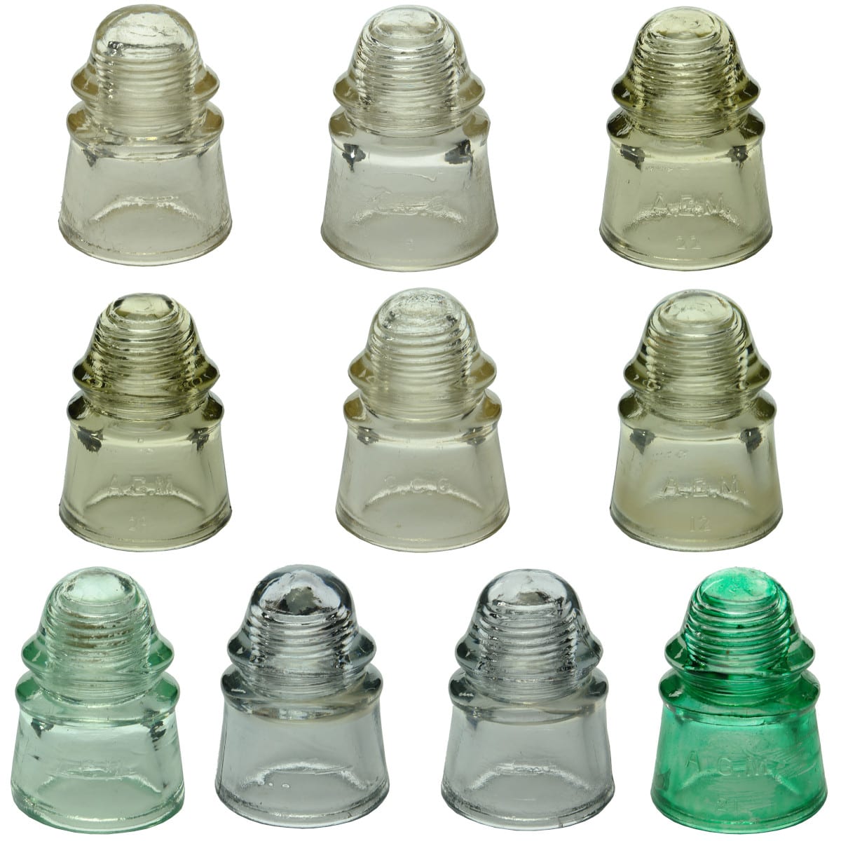 10 Insulators. All CD423. AGM, CCG & Unmarked. Clear, Straw, Pale Pink (and one painted green). (Australia)