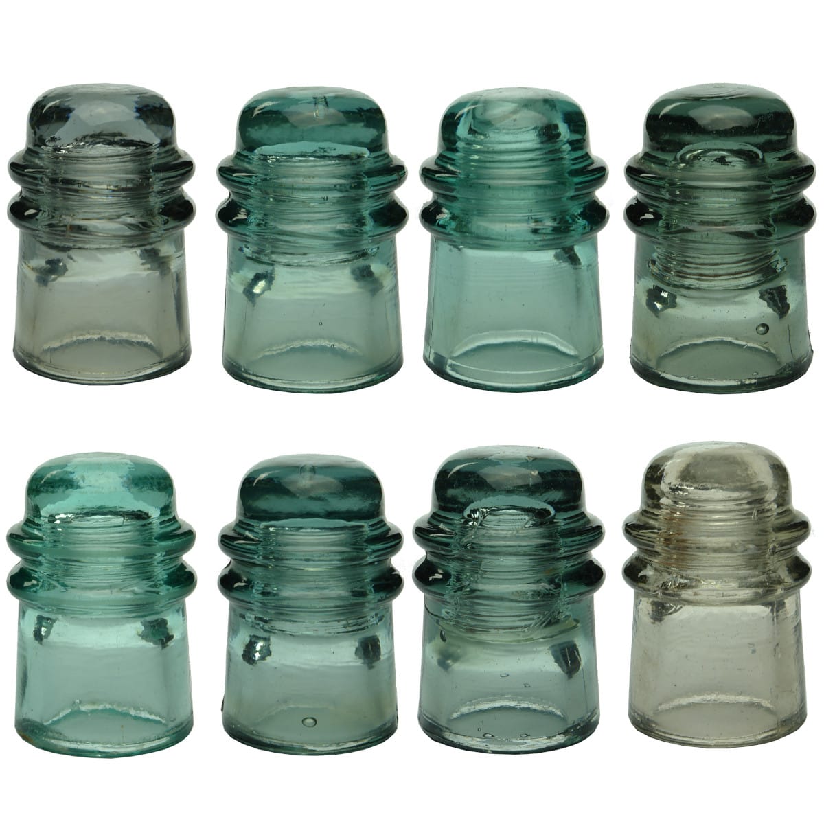 8 Insulators. All Unembossed CD121 types. Grey-Aqua; Aqua & Clear colours. (Australia)