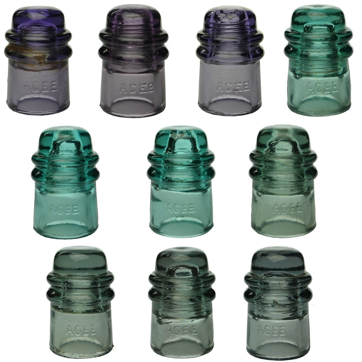 10 Insulators. All CD 121. AGEE. Sun Coloured Amethyst, Aqua & Grey-Aqua. (Australia)