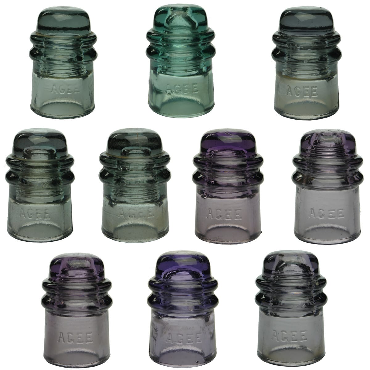 10 Insulators. All CD121. AGEE. Sun Coloured Amethyst, Grey-Aqua, Grey-Amethyst, Blue Aqua. (Australia)