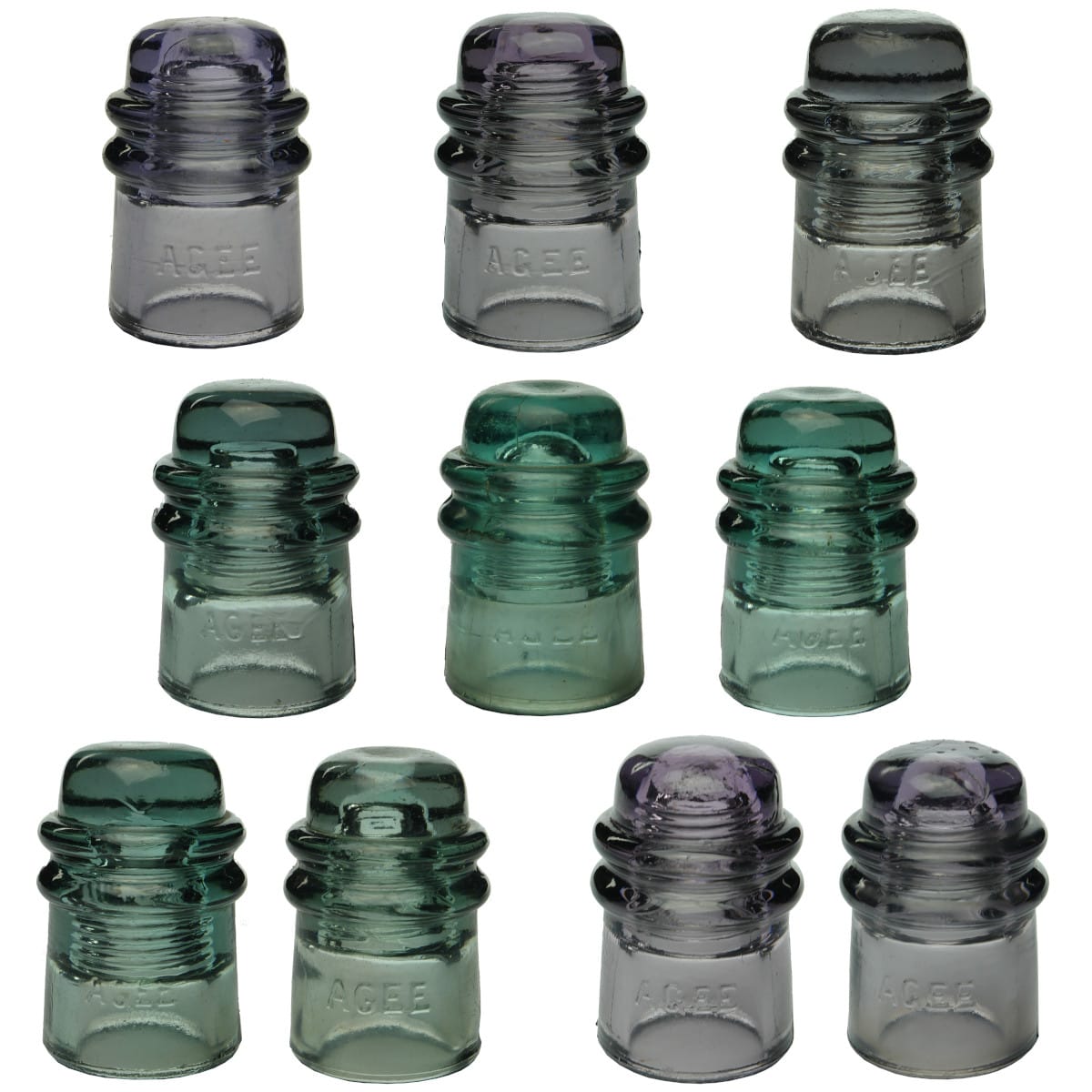 10 Insulators. All CD121. AGEE. Sun Coloured Amethyst; Grey Amethyst; Grey Aqua; Aqua. (Australia)