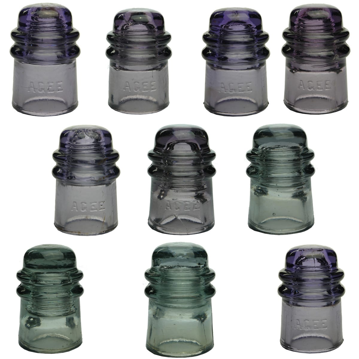 10 Insulators. All CD121. AGEE & Plain. Sun Coloured Amethyst, Grey. (Australia)