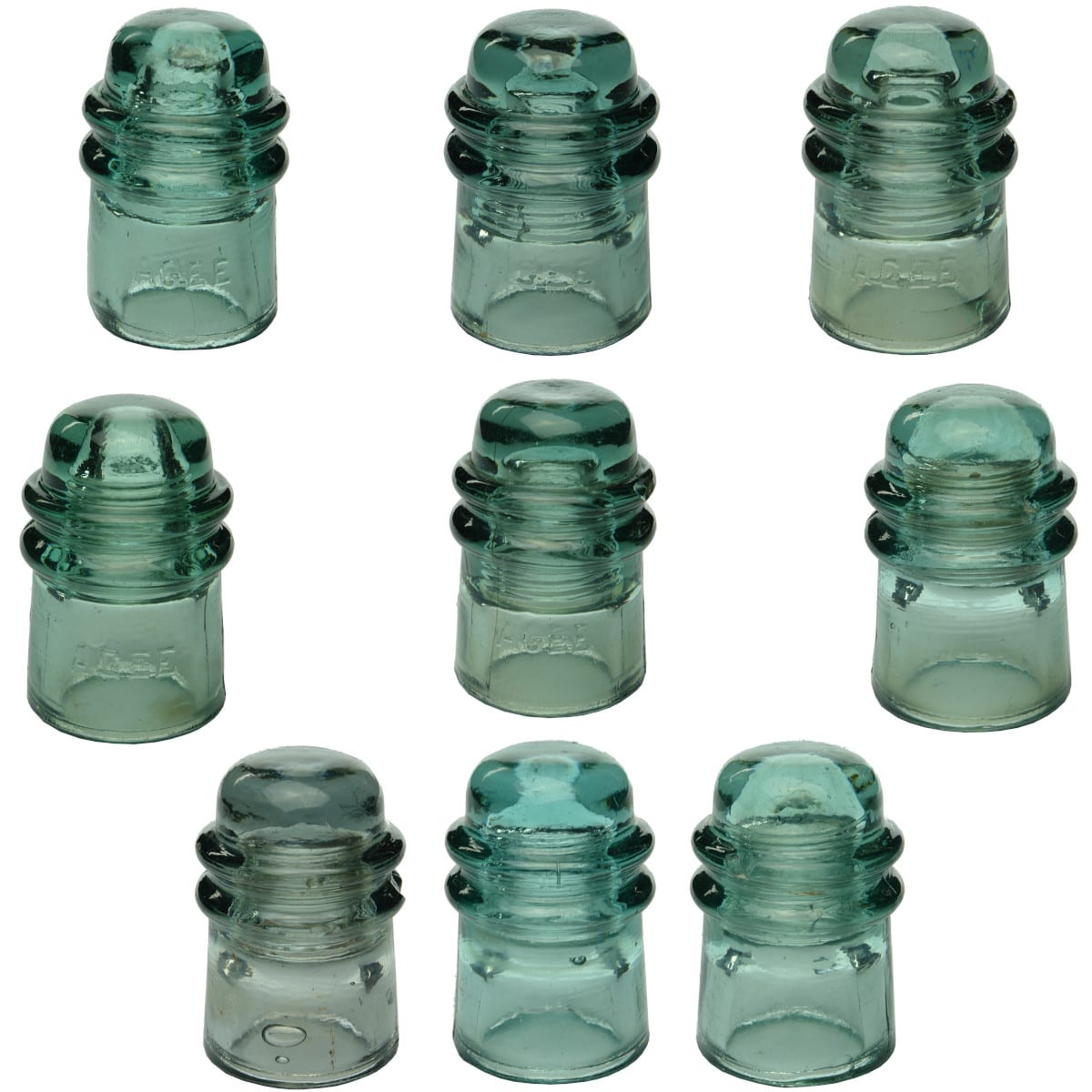 9 Insulators. All CD121. AGEE & Unembossed. Aqua & Grey. (Australia)