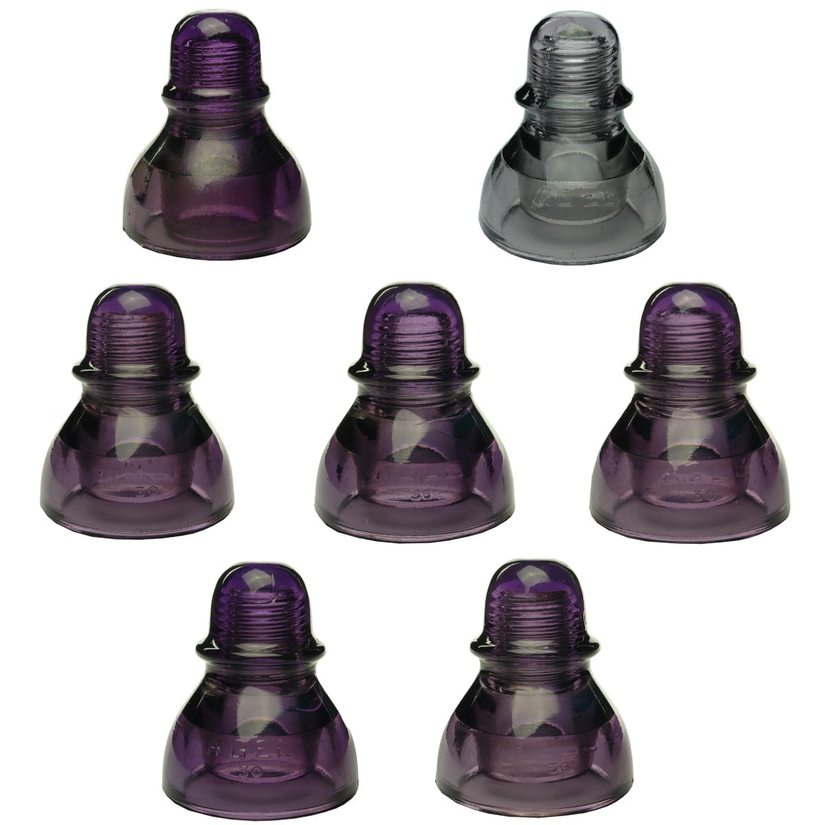 7 Insulators: All AGEE CD490. 1 x Type 1; 1 x Type 2; 5 x Type 3. Sun Coloured Amethyst. (Australia)