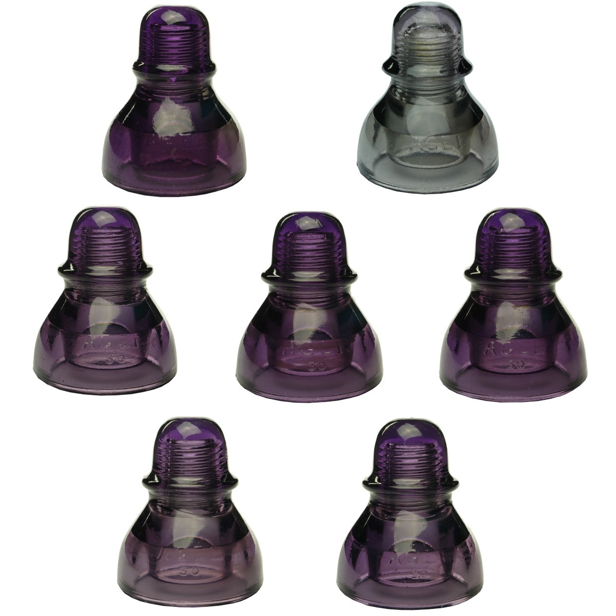 7 Insulators: All AGEE CD490. 1 x Type 1; 1 x Type 2; 5 x Type 3. Sun Coloured Amethyst, Type 2 very pale. (Australia)