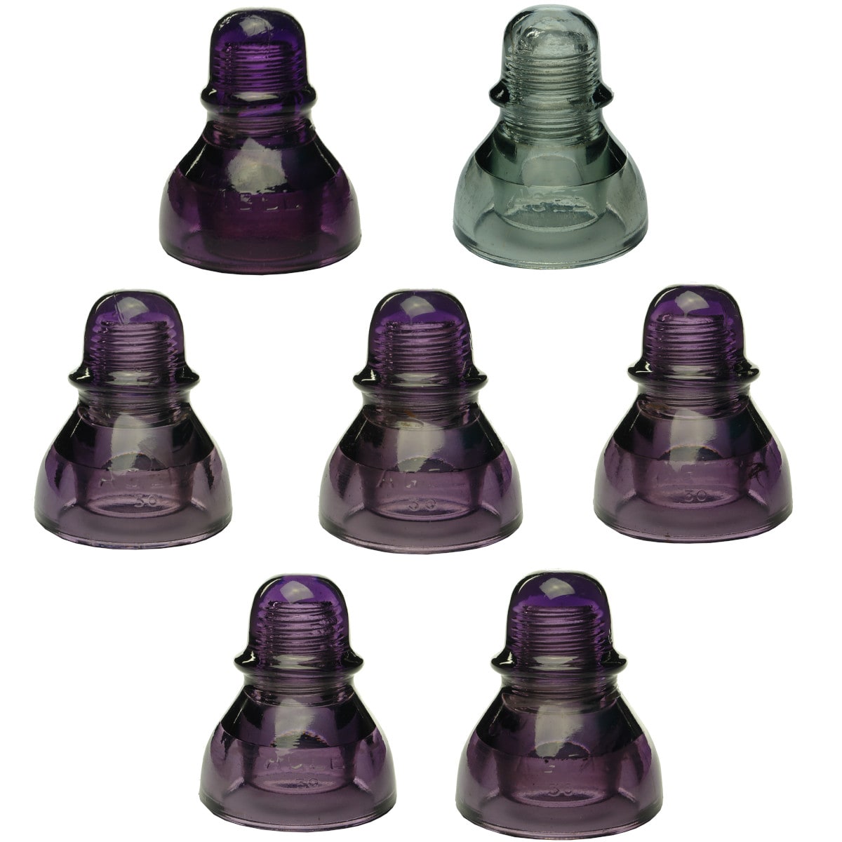 7 Insulators: All AGEE CD490. 1 x Type 1; 1 x Type 2; 5 x Type 3. Sun Coloured Amethyst & Grey Aqua (Type 2). (Australia)