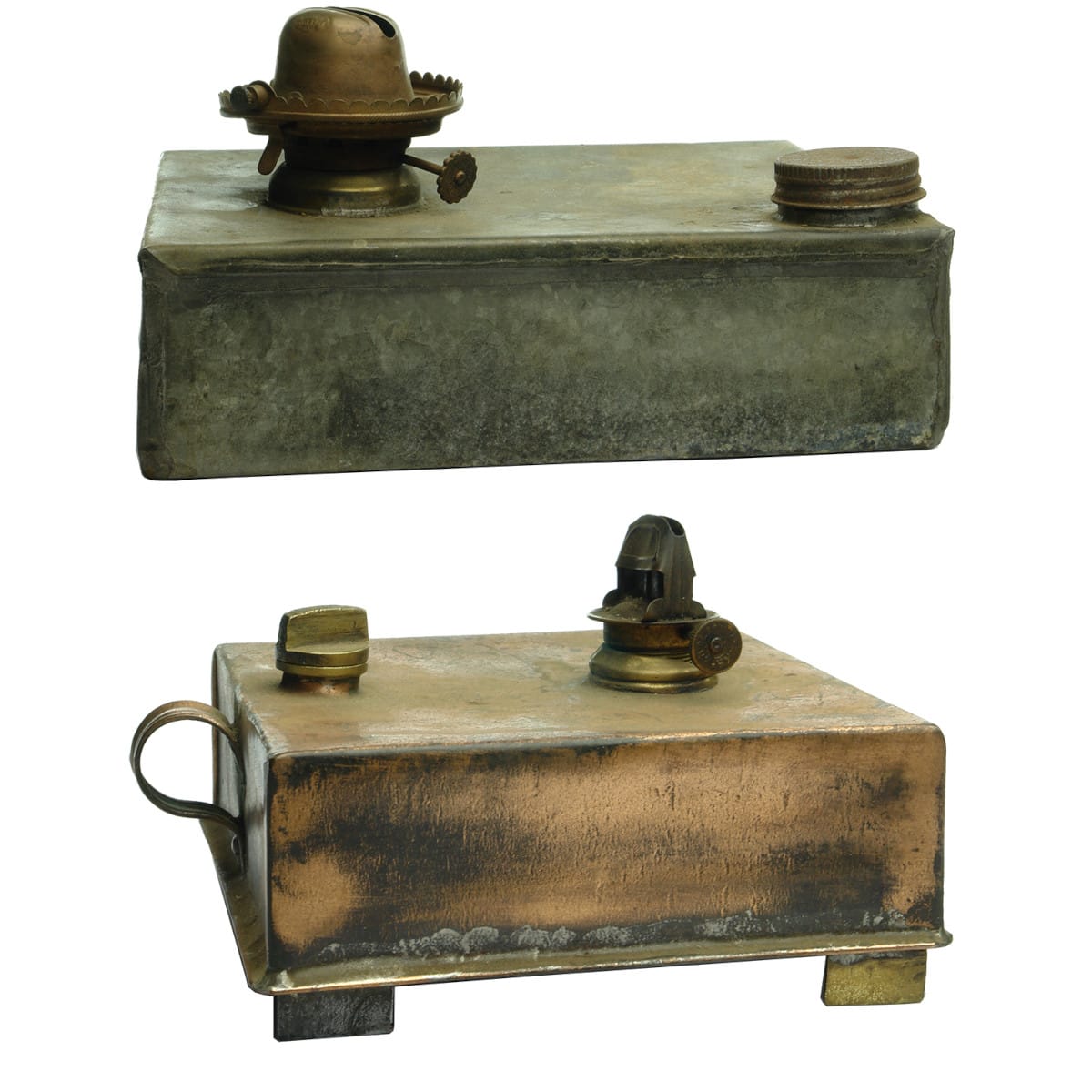 2 depression ware type lamps. Sealed tin and copper boxes with burner attachments.