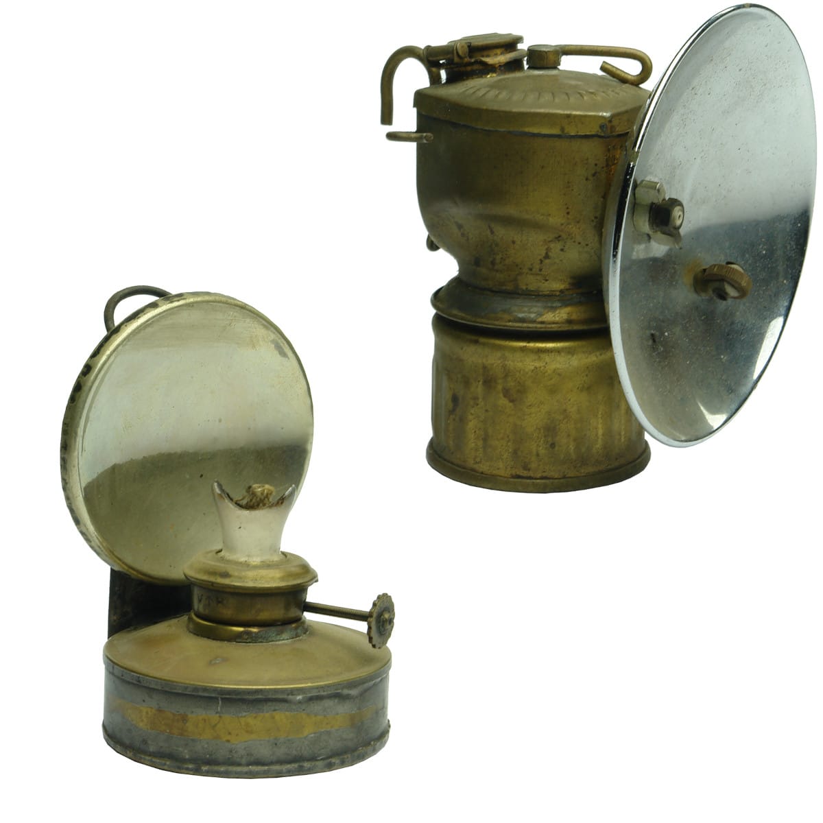 2 small lamps with round mirrored backings. Justrite USA Patent 115123 and a small upright plain one.