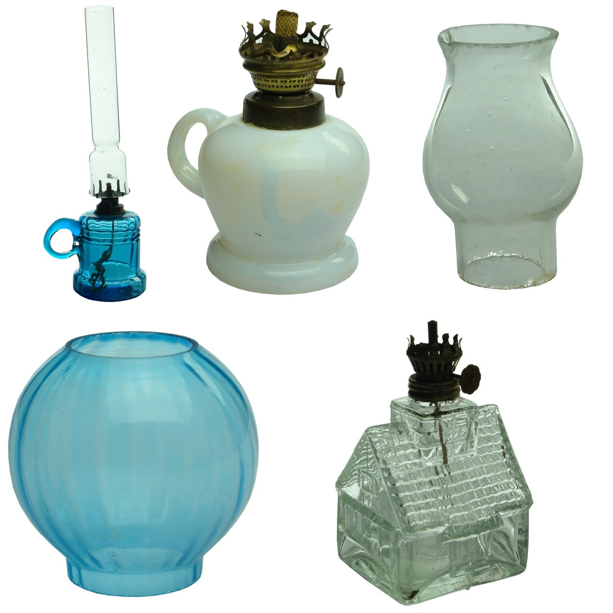 Lamps. 3 Lamps: Turquoise handled lamp with turquoise chimney; Milk glass handled lamp with long narrow chimney; Clear glass cottage lamp with small chimney.