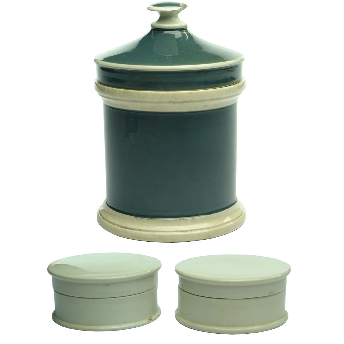 3 Chemist Pots: Lidded Jar and two large plain pots with lids.