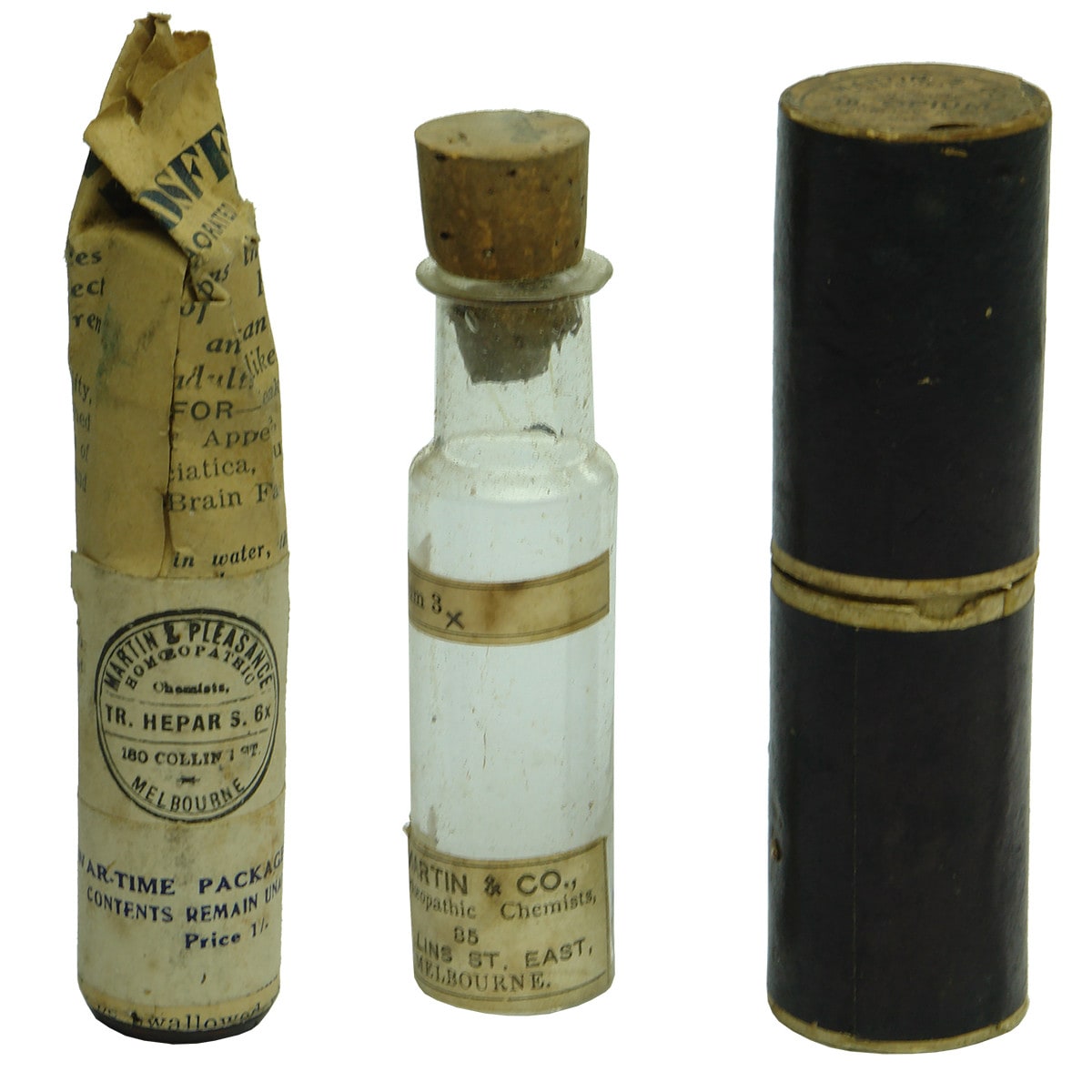 2 labelled Martin & Pleasance / Martin & Co Homeopathic Chemists items.