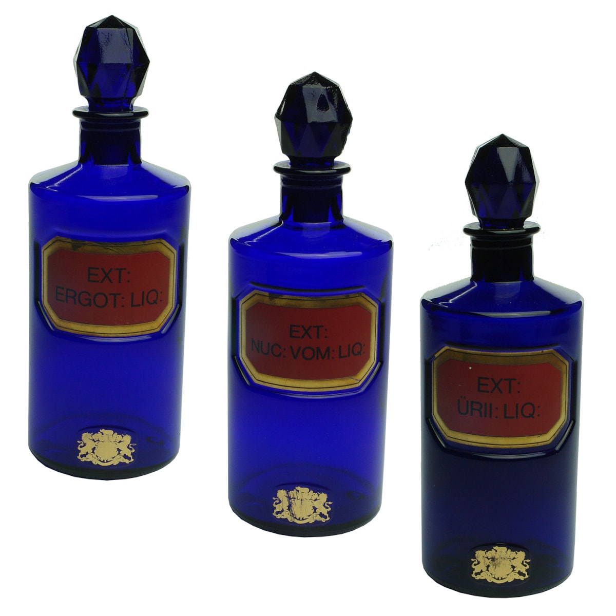 3 Blue Pharmacy Jars. British Pharmaceutical Society. Mimicking underglass labels. 1980s