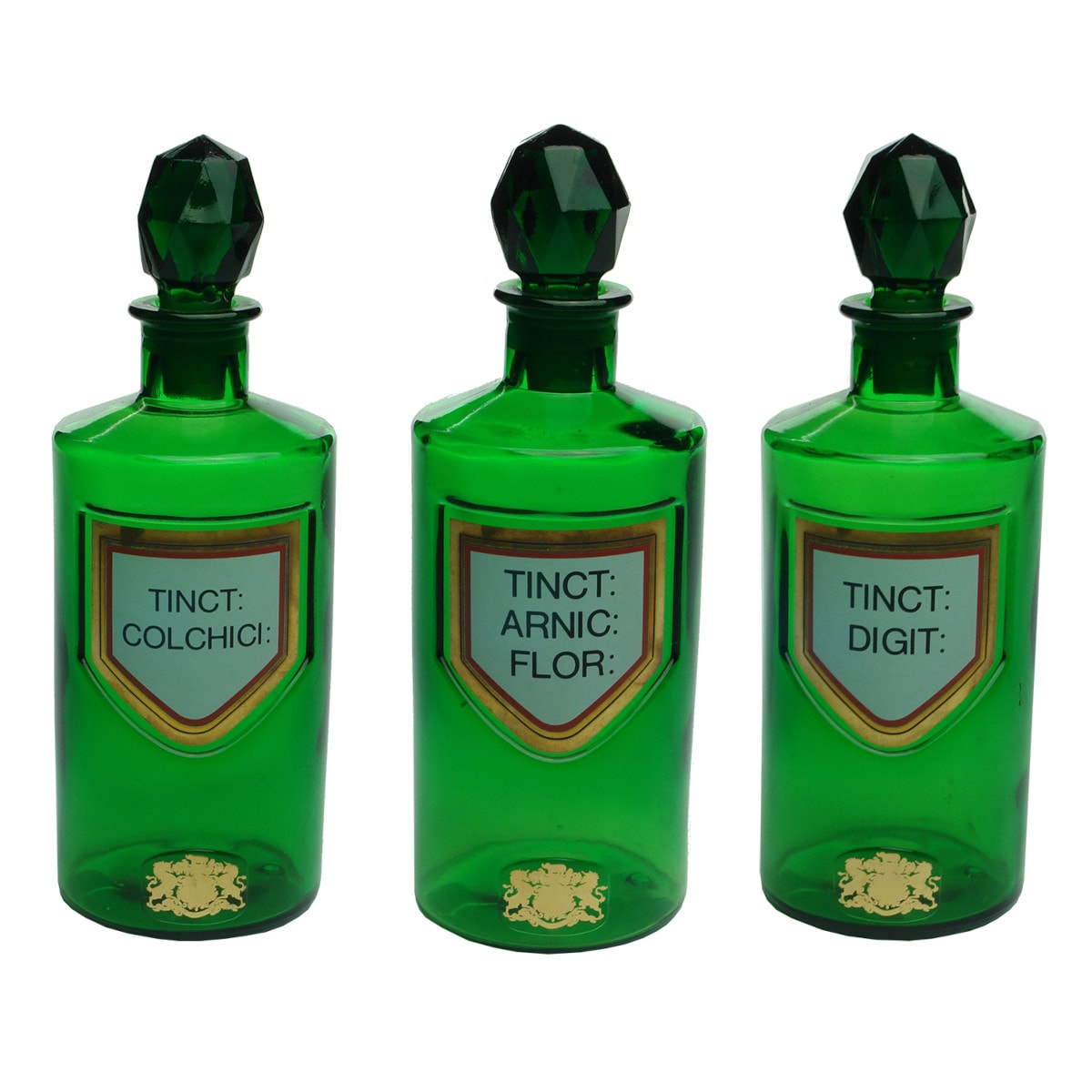 3 Green Pharmacy Jars. British Pharmaceutical Society. Mimicking underglass labels. 1980s