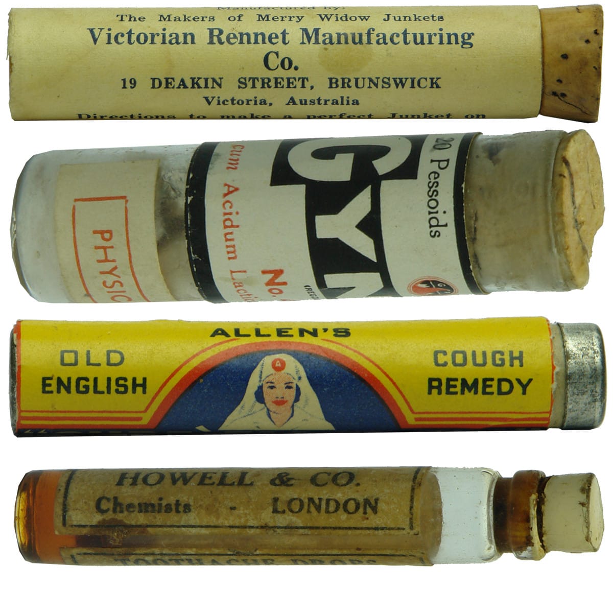 Chemist Vials. Merry Land Junket Tablets, Victorian Rennet Manufacturing Co., Brunswick; Gynex, Physician's Sample; Allen's "Cure-Em-Quick" Cough Remedy, Australia; Howell & Co., London, Toothache Drops.