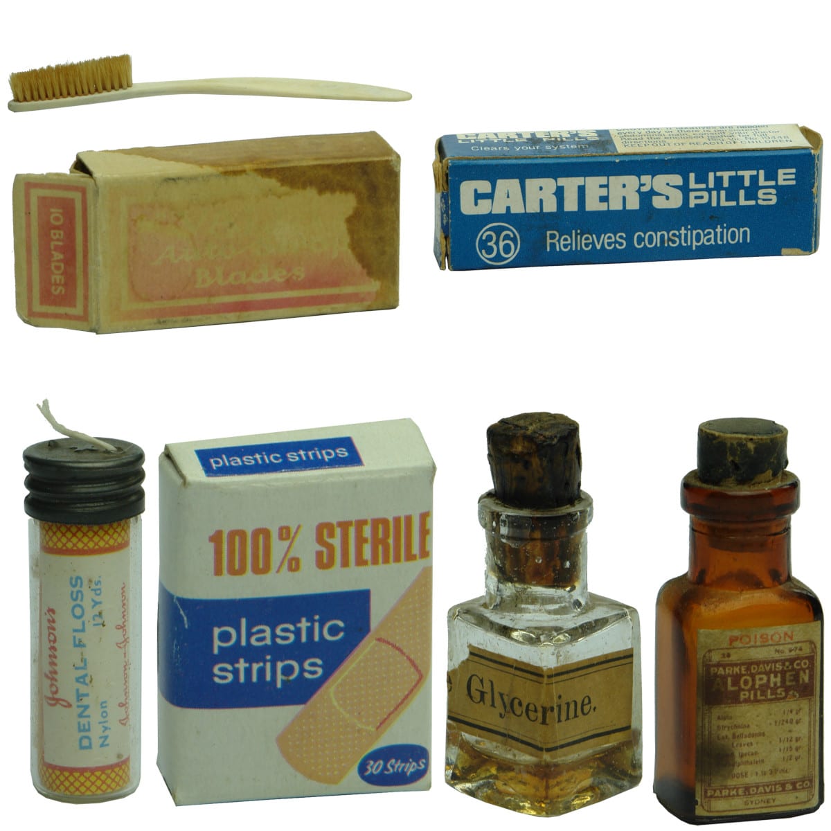 Chemist. Bone tooth brush; Johnson's Dental Floss; Packet of 10 safety razor blades; Miniature box of Band Aids; Empty Carter's Little Pills in Box, Frenchs Forest; labelled Glycerine Bottle; Parke, Davis & Co Alophen Pills, Sydney.